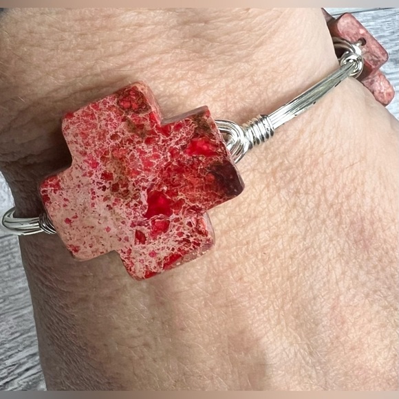 Artisan Stone Gem Bangle Wrist Bracelet Silver Toned Metal Wire Wrapped Handmade - Picture 8 of 10